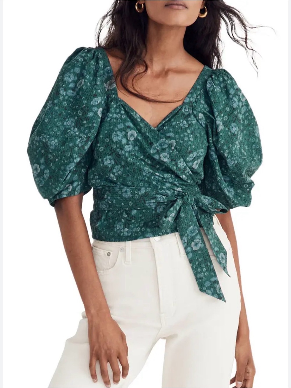 Madewell Floral Puff-Sleeve Wrap Top - Green